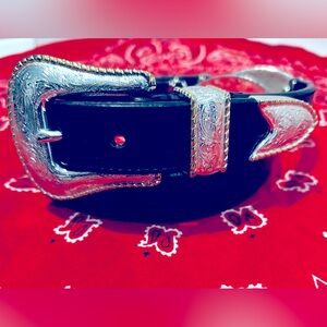 Vintage Western Roper Black Leather Belt w/ Silver Buckle & Concho Charm Accents